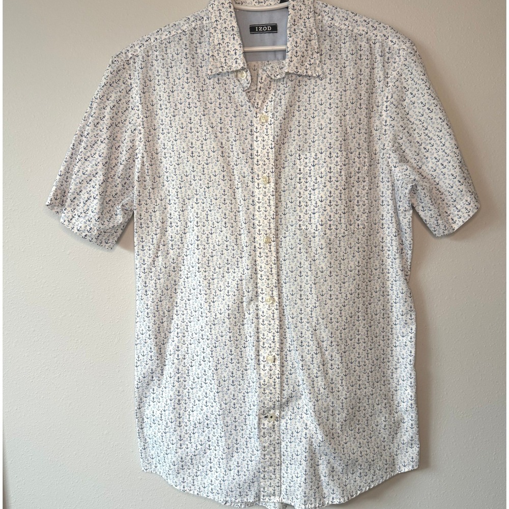 IZOD Mens Short Sleeve Anchor Print Button Down Shirt White Blue 45PW203426 M